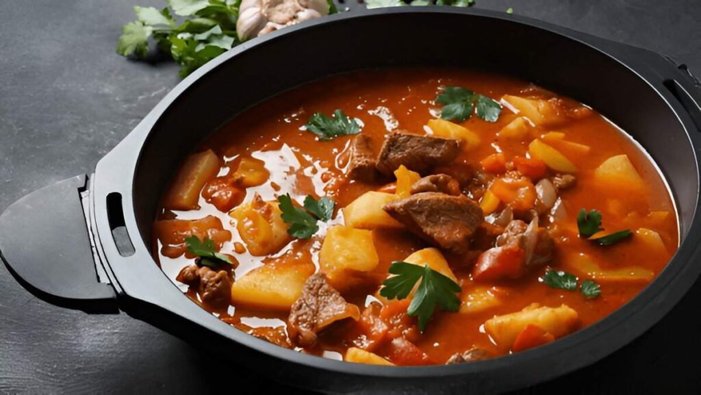 Herzhafte Gulaschsuppe mit Rindfleisch, Paprika, Kartoffeln und Karotten in einem rustikalen Suppenteller, serviert mit frischem Brot.