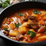 Herzhafte Gulaschsuppe mit Rindfleisch, Paprika, Kartoffeln und Karotten in einem rustikalen Suppenteller, serviert mit frischem Brot.