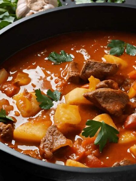 Herzhafte Gulaschsuppe mit Rindfleisch, Paprika, Kartoffeln und Karotten in einem rustikalen Suppenteller, serviert mit frischem Brot.
