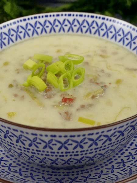 Eine Schale cremige Käse-Lauch-Suppe mit Hackfleisch, serviert in einer blau-weiß gemusterten Keramikschale auf passendem Teller, garniert mit frischen Lauchringen.