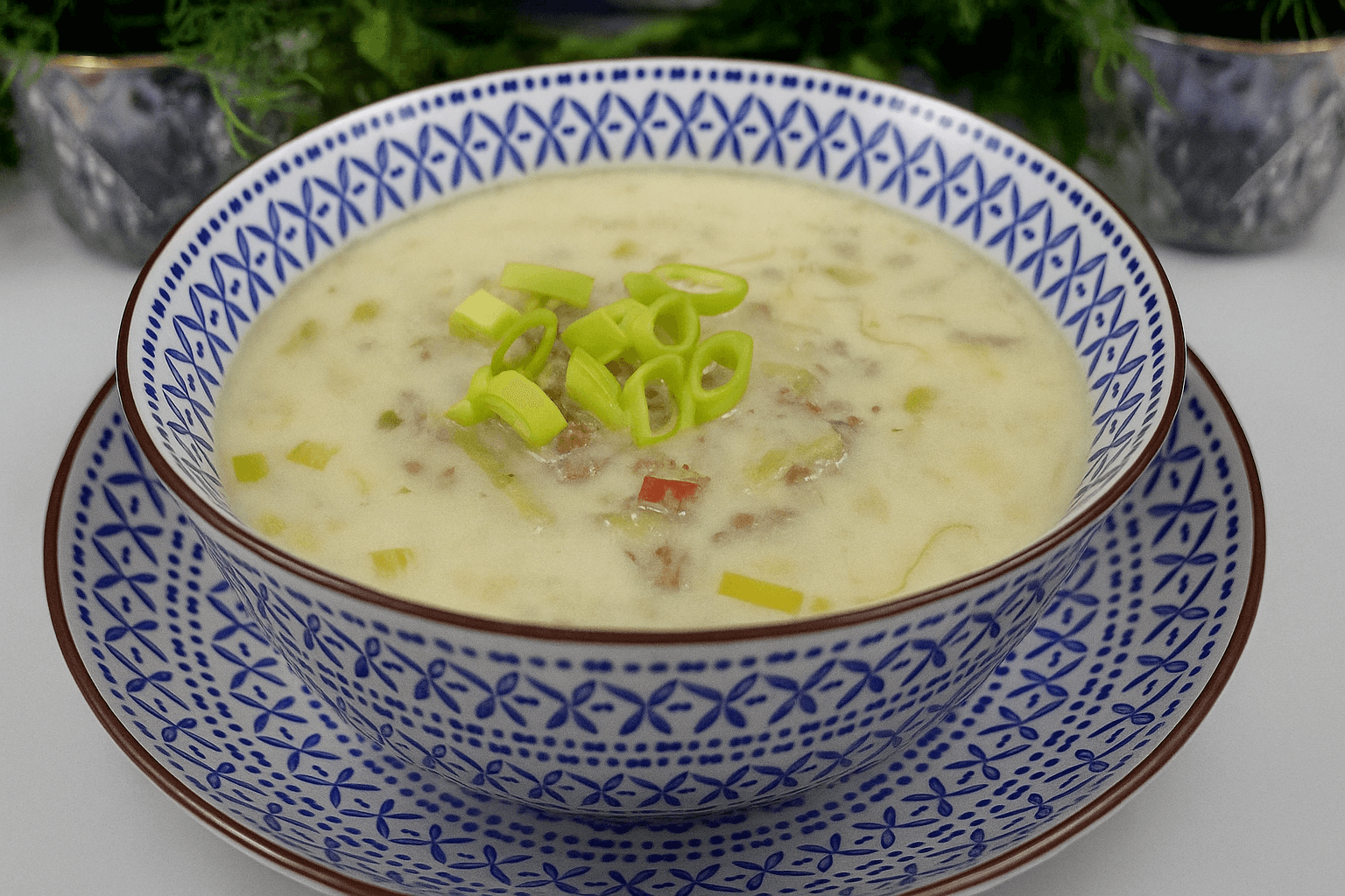 Eine Schale cremige Käse-Lauch-Suppe mit Hackfleisch, serviert in einer blau-weiß gemusterten Keramikschale auf passendem Teller, garniert mit frischen Lauchringen.