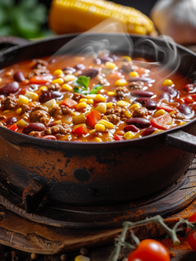 Realistisches Bild eines dampfenden Dutch Oven mit frisch zubereitetem Chili Con Carne. Der gusseiserne Topf steht auf einem Holzfeuer im Freien. Sichtbar sind grobes Rinderhackfleisch, rote und grüne Paprika, Kidneybohnen, Mais und Tomaten. Umgeben von frischem Gemüse, Zwiebeln, Knoblauch und Gewürzen auf einem rustikalen Holzbrett. Warme Lichtstimmung, winterliche Kulisse – perfekt für herzhafte Hausmannskost in der kalten Jahreszeit. Dutch Oven Chili con Carne