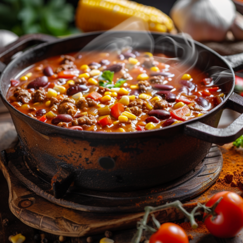 Realistisches Bild eines dampfenden Dutch Oven mit frisch zubereitetem Chili Con Carne. Der gusseiserne Topf steht auf einem Holzfeuer im Freien. Sichtbar sind grobes Rinderhackfleisch, rote und grüne Paprika, Kidneybohnen, Mais und Tomaten. Umgeben von frischem Gemüse, Zwiebeln, Knoblauch und Gewürzen auf einem rustikalen Holzbrett. Warme Lichtstimmung, winterliche Kulisse – perfekt für herzhafte Hausmannskost in der kalten Jahreszeit. Dutch Oven Chili con Carne