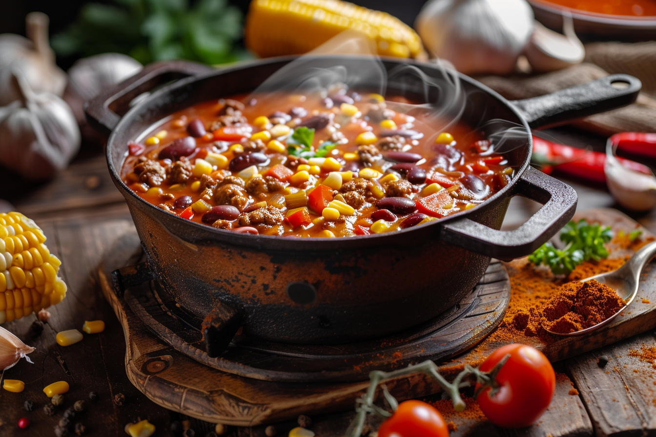 Realistisches Bild eines dampfenden Dutch Oven mit frisch zubereitetem Chili Con Carne. Der gusseiserne Topf steht auf einem Holzfeuer im Freien. Sichtbar sind grobes Rinderhackfleisch, rote und grüne Paprika, Kidneybohnen, Mais und Tomaten. Umgeben von frischem Gemüse, Zwiebeln, Knoblauch und Gewürzen auf einem rustikalen Holzbrett. Warme Lichtstimmung, winterliche Kulisse – perfekt für herzhafte Hausmannskost in der kalten Jahreszeit. Dutch Oven Chili con Carne