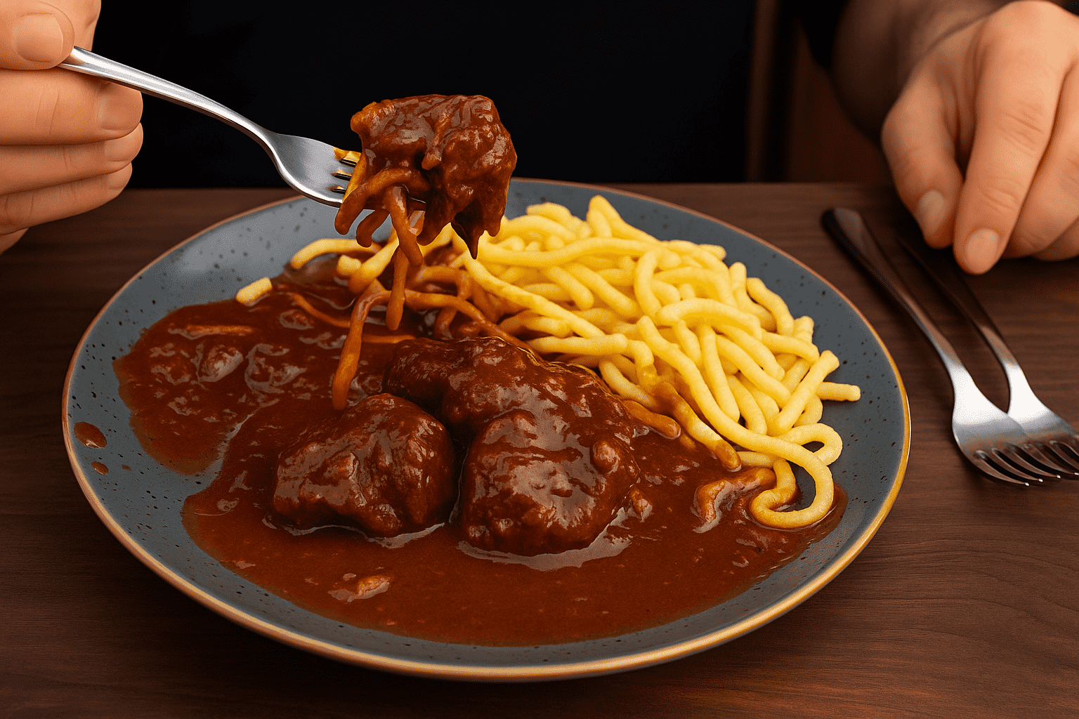Zart geschmorte Ochsenbäckchen in dunkler Rotweinsoße mit Spätzle auf einem Teller, angerichtet für den Verzehr