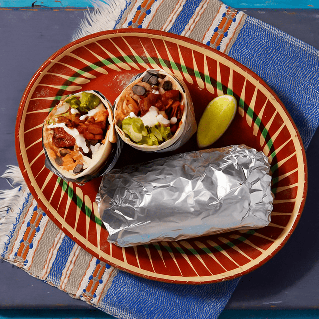 Pulled Jackfruit Burritos served on a colorful ceramic plate with lime wedge and foil wrap, showcasing the filling of jackfruit, black beans, lettuce, and sauce.