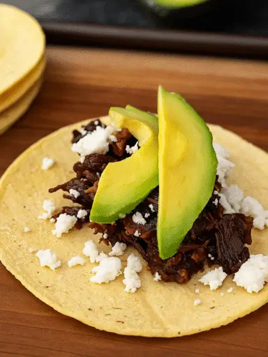 Barbacoa Tacos mit zartem Rindfleisch, frischer Avocado und zerbröseltem Käse auf einer Mais-Tortilla, serviert auf einem Holzbrett.