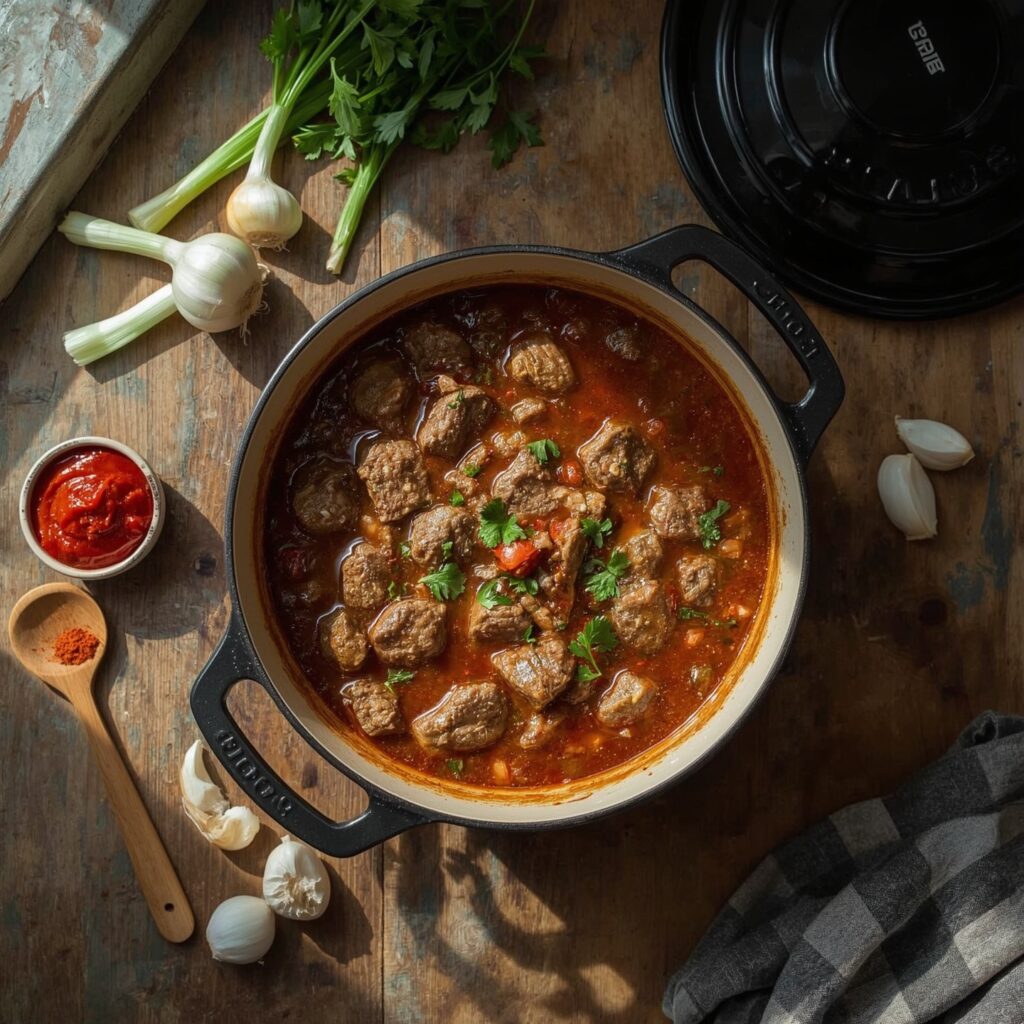 Dutch Oven Rindergulasch mit Rindfleisch, Paprika, Zwiebeln und Tomatenmark – rustikal angerichtet in einem gusseisernen Topf auf Holztisch.