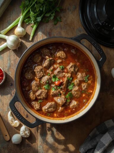 Dutch Oven Rindergulasch mit Rindfleisch, Paprika, Zwiebeln und Tomatenmark – rustikal angerichtet in einem gusseisernen Topf auf Holztisch.