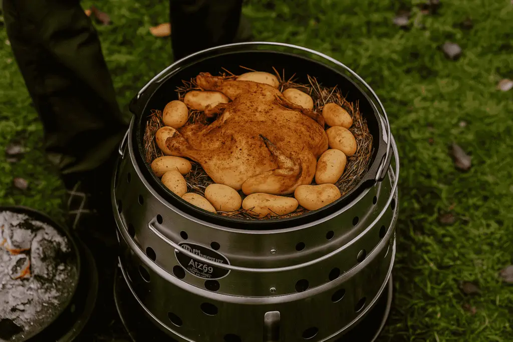 Ein ganzes gewürztes Heuhähnchen liegt auf einem Bett aus Heu im Dutch Oven, umgeben von kleinen Kartoffeln – der Dutch Oven steht auf einem Petromax Atago im Freien.