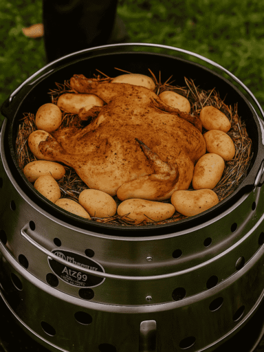 Ein ganzes gewürztes Heuhähnchen liegt auf einem Bett aus Heu im Dutch Oven, umgeben von kleinen Kartoffeln – der Dutch Oven steht auf einem Petromax Atago im Freien.