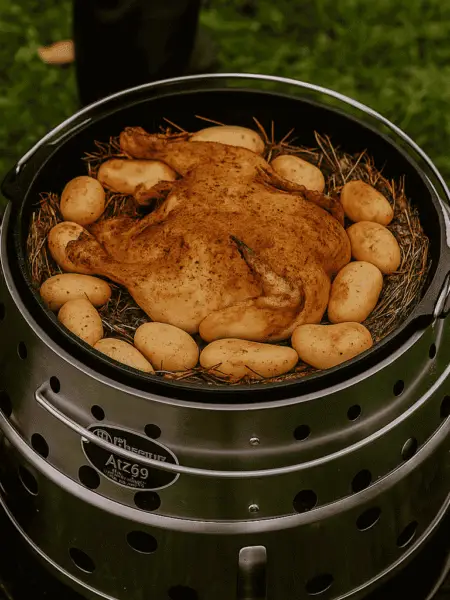 Ein ganzes gewürztes Heuhähnchen liegt auf einem Bett aus Heu im Dutch Oven, umgeben von kleinen Kartoffeln – der Dutch Oven steht auf einem Petromax Atago im Freien.