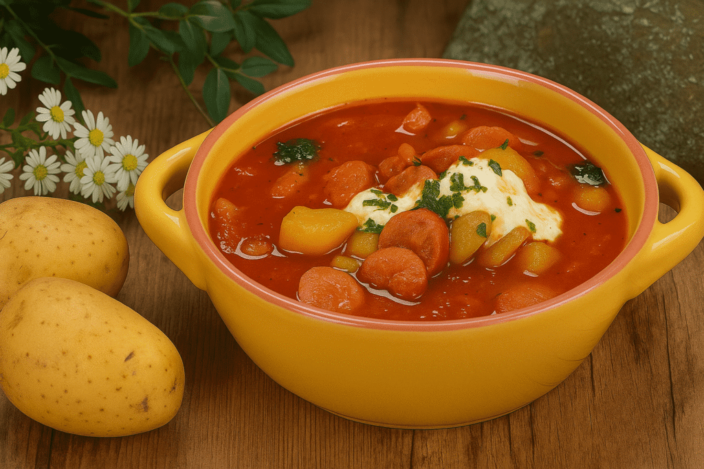Kartoffelgulasch – Herzhaftes Kartoffelgulasch mit Würstchen und Tomatensauce