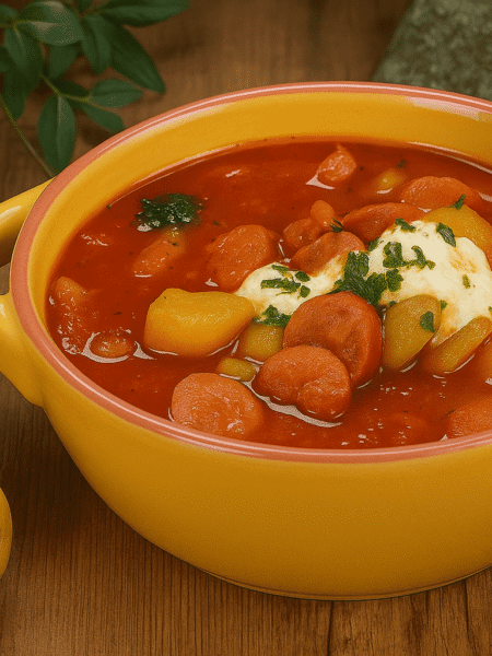 Kartoffelgulasch – Herzhaftes Kartoffelgulasch mit Würstchen und Tomatensauce