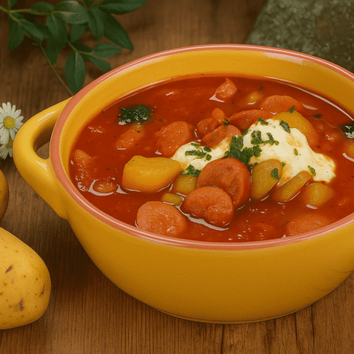 Kartoffelgulasch – Herzhaftes Kartoffelgulasch mit Würstchen und Tomatensauce