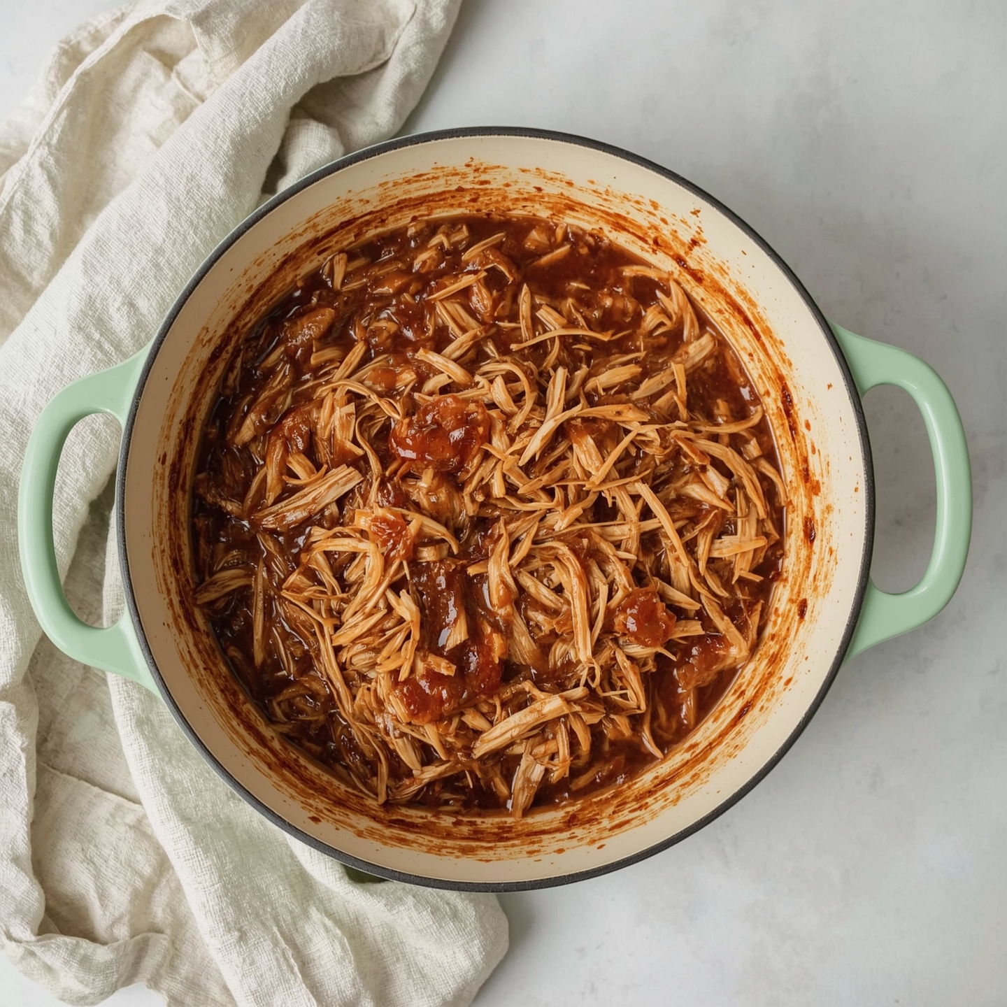 Dutch Oven Pulled Chicken – zart geschmortes Hähnchenfleisch in BBQ-Sauce, serviert direkt im gusseisernen Dutch Oven