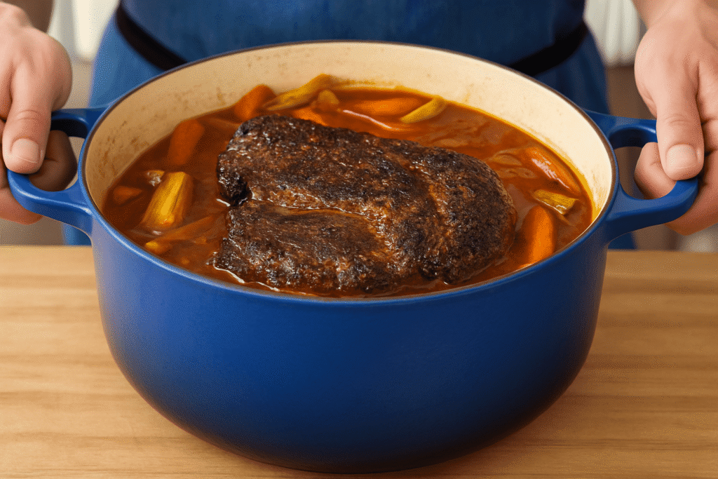 Schmorbraten im blauen Dutch Oven mit Karotten und Sellerie in aromatischer Sauce – frisch aus dem Ofen serviert.