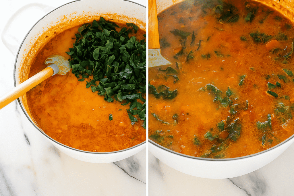 Vegetarisches Gulasch wird in einem weißen Dutch Oven mit einem Holzspatel umgerührt

