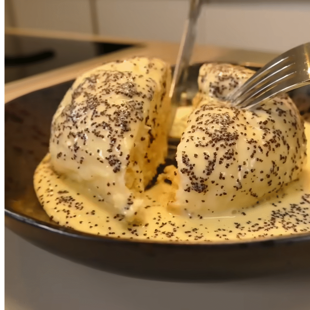 Ein aufgeschnittener Germknödel in einer schwarzen Schale, serviert mit cremiger Vanillesoße und bestreut mit Mohn.