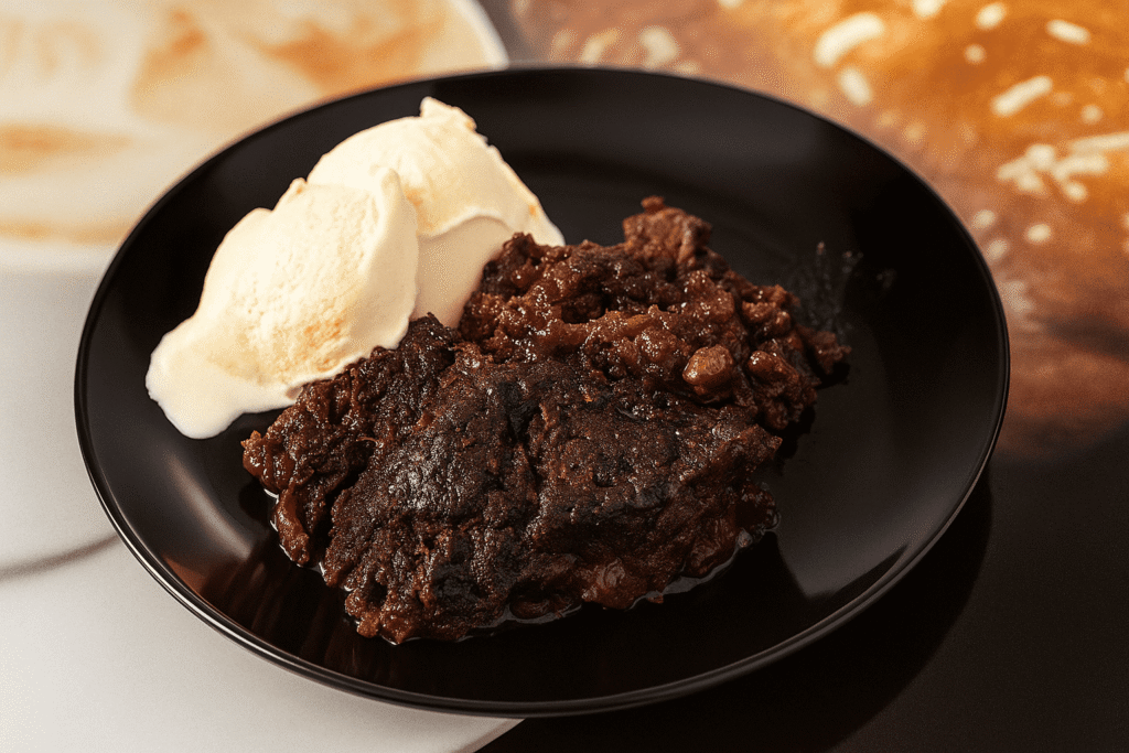 Schoko Kirsch Cobbler mit Vanilleeis auf einem schwarzen Teller – ein warmes, schokoladiges Dessert mit saftigen Kirschen und cremigem Eis.