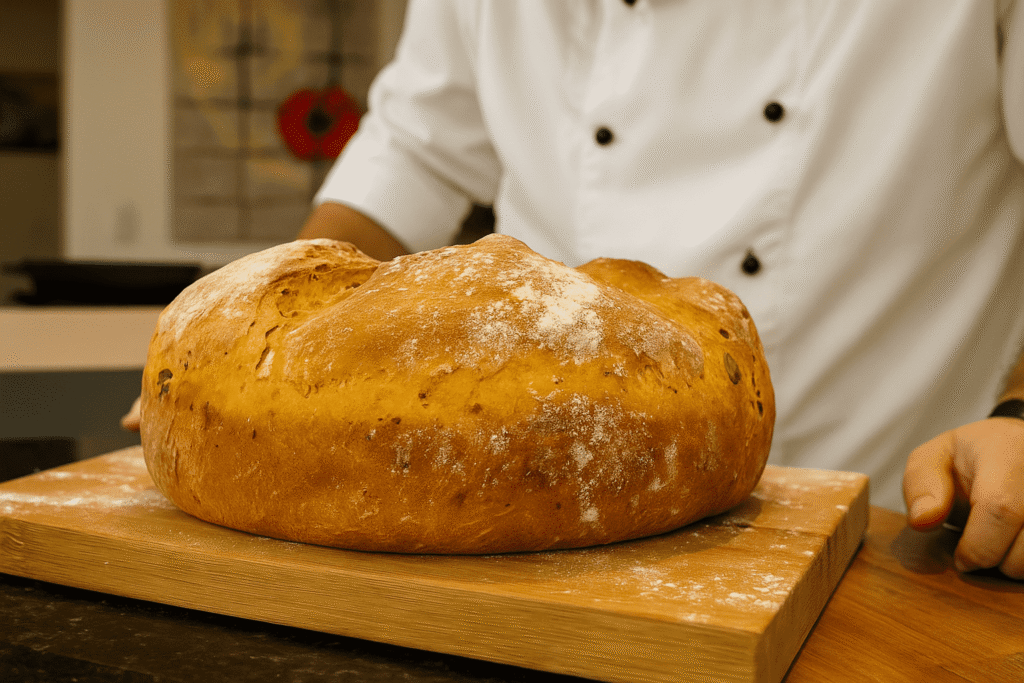 Frisch gebackenes, rundes Kürbisbrot auf einem Holzbrett, präsentiert von einem Bäcker in weißer Kochjacke.