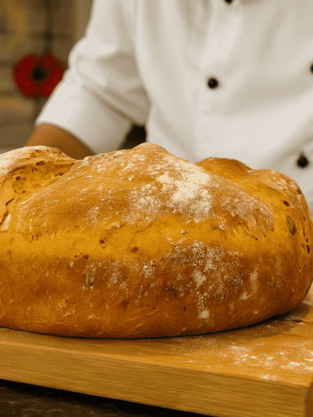 Frisch gebackenes, rundes Kürbisbrot auf einem Holzbrett, präsentiert von einem Bäcker in weißer Kochjacke.