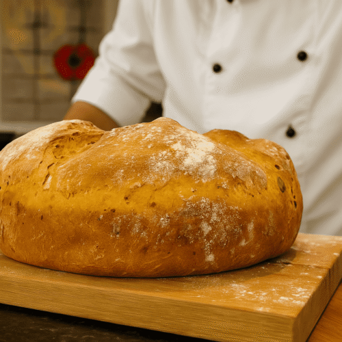 Frisch gebackenes, rundes Kürbisbrot auf einem Holzbrett, präsentiert von einem Bäcker in weißer Kochjacke.