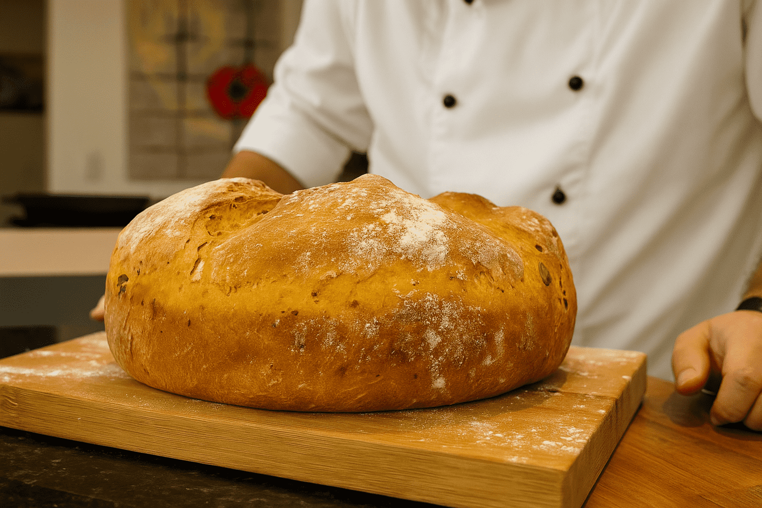 Frisch gebackenes, rundes Kürbisbrot auf einem Holzbrett, präsentiert von einem Bäcker in weißer Kochjacke.