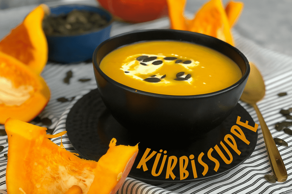 Cremige Kürbissuppe in einer schwarzen Schüssel, garniert mit Kürbiskernen und einem Klecks Sahne, umgeben von frischen Kürbisstücken.