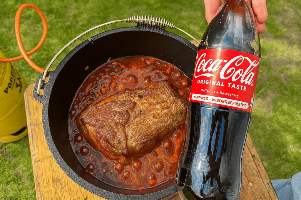 Geschmortes Colafleisch mit Cola, Sauerkirschen und BBQ-Sauce, serviert in einer gusseisernen Pfanne.