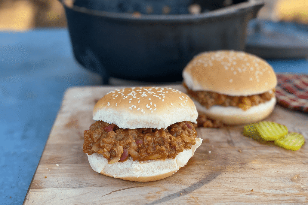 Zwei Sloppy Joe Sandwiches in Sesambrötchen auf einem Holzbrett, mit Hackfleischfüllung und einigen Gurkenscheiben daneben.