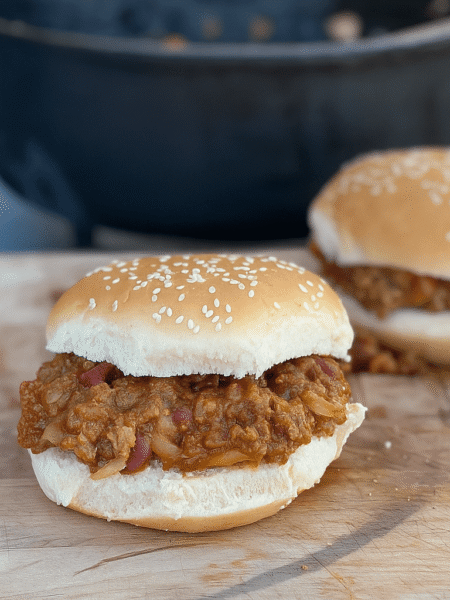 Zwei Sloppy Joe Sandwiches in Sesambrötchen auf einem Holzbrett, mit Hackfleischfüllung und einigen Gurkenscheiben daneben.