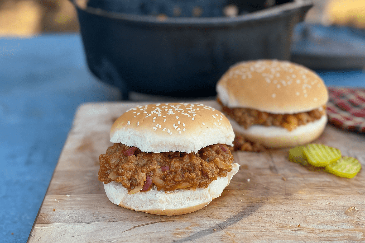 Zwei Sloppy Joe Sandwiches in Sesambrötchen auf einem Holzbrett, mit Hackfleischfüllung und einigen Gurkenscheiben daneben.