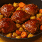 Gebackene Hähnchenschenkel mit goldbrauner Kruste, serviert in einer Pfanne mit Kartoffeln und Karotten.