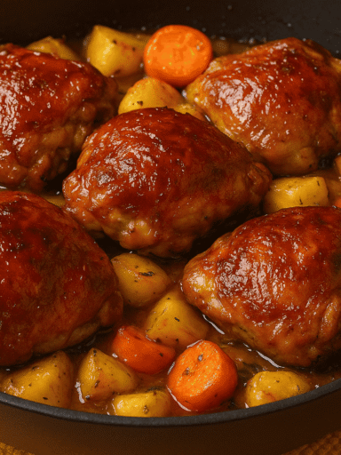 Gebackene Hähnchenschenkel mit goldbrauner Kruste, serviert in einer Pfanne mit Kartoffeln und Karotten.