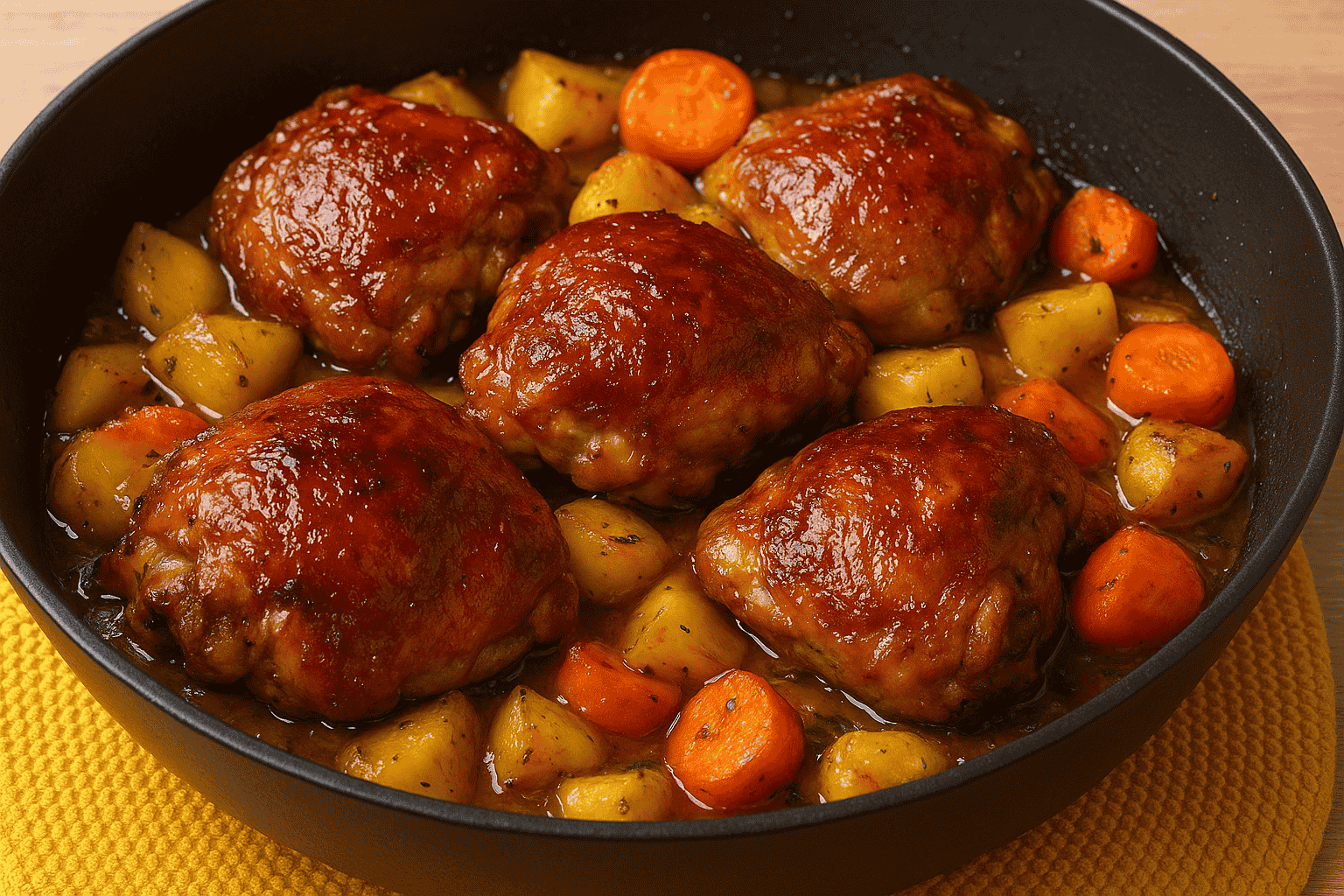 Gebackene Hähnchenschenkel mit goldbrauner Kruste, serviert in einer Pfanne mit Kartoffeln und Karotten.